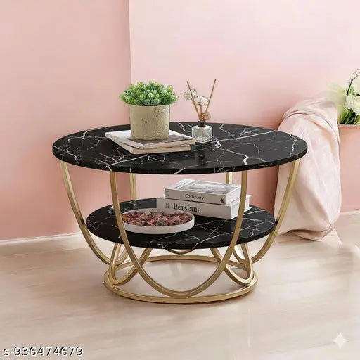 Round Coffee Table with Black Marble Top | Gold Metal Frame Accent Table