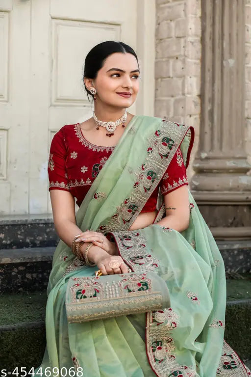 Super Net Pista Baluchari Saree with Purse Free