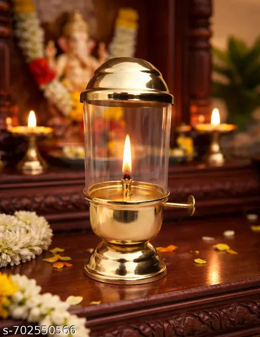Onam Special Diya | Brass Finish Oil Lamp with Glass Chimney