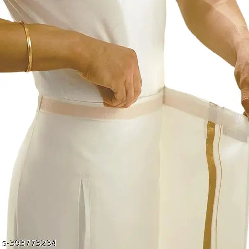 Onam Special Men’s Cotton Mundu with Pocket & Angavastaram Towel | Cream White with Jari Border