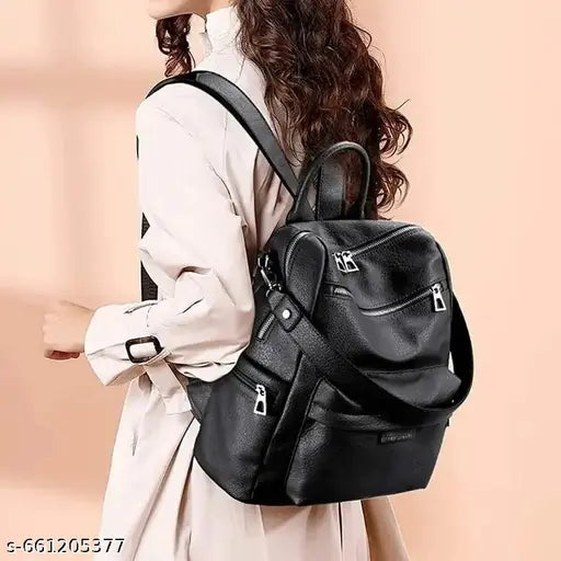 Premium Black Leather Backpack | Stylish Multi‑Zip Office & College Bag