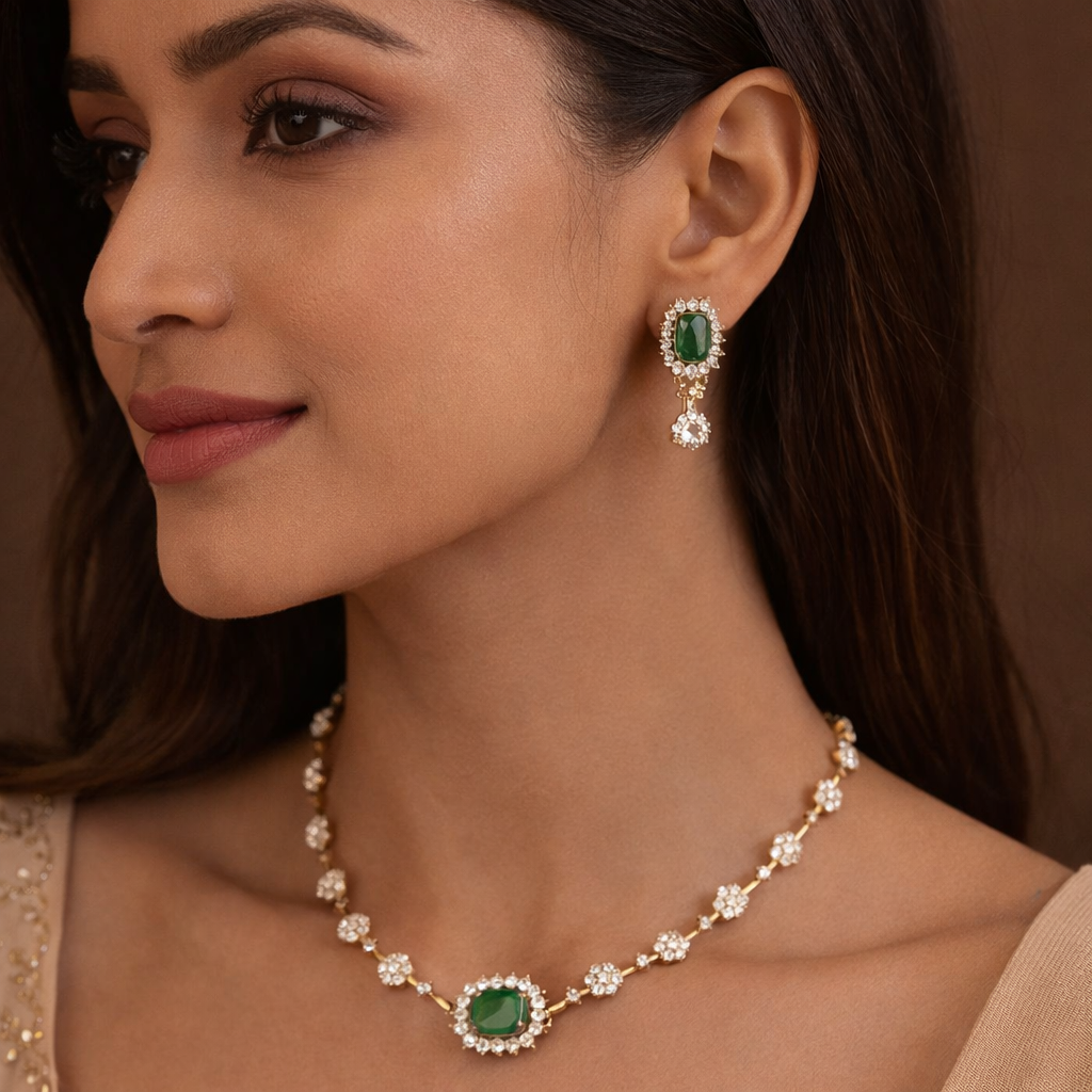 Matte Finish AD Stone Necklace Set | Gold Plated Ethnic jewellery