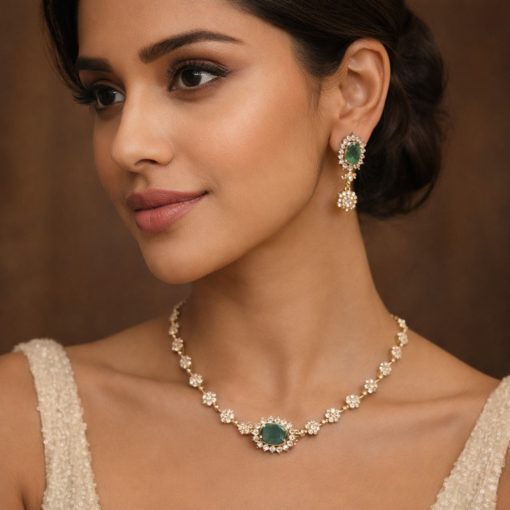 Matte Finish AD Stone Necklace Set | Gold Plated Ethnic jewellery