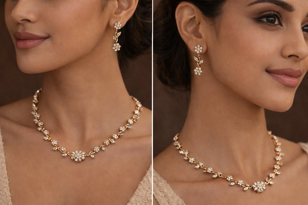 Gold Plated Floral Cubic Zirconia Jewellery Set