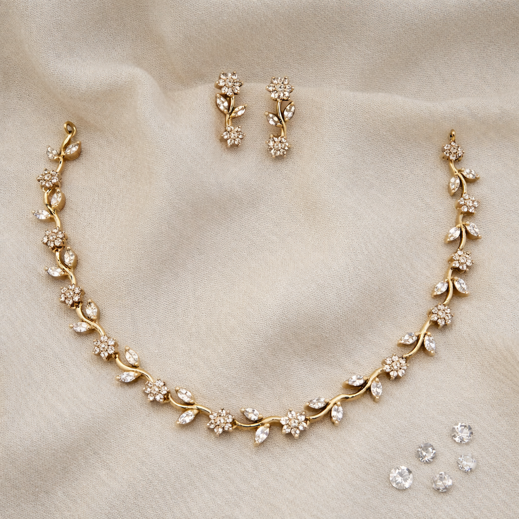 Gold Plated Floral Cubic Zirconia Jewellery Set