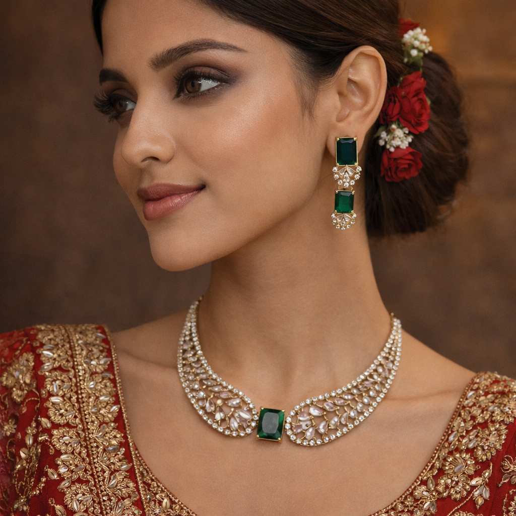 Gold Plated Kundan Cubic Zirconia Jewellery Set (Green)