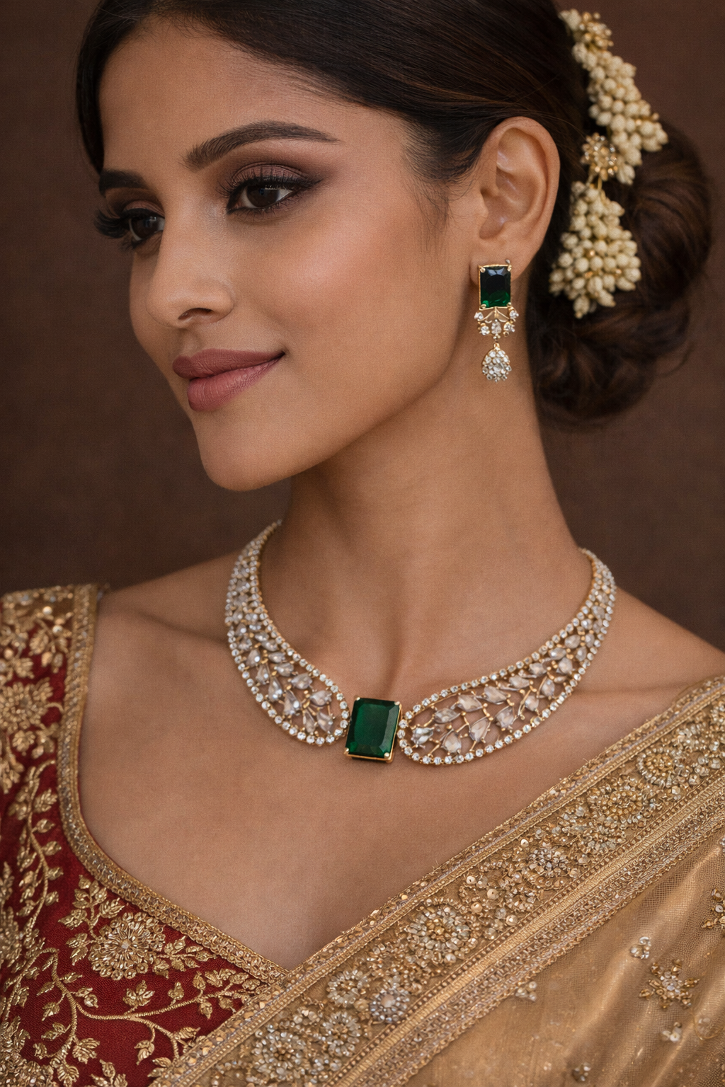 Gold Plated Kundan Cubic Zirconia Jewellery Set (Green)