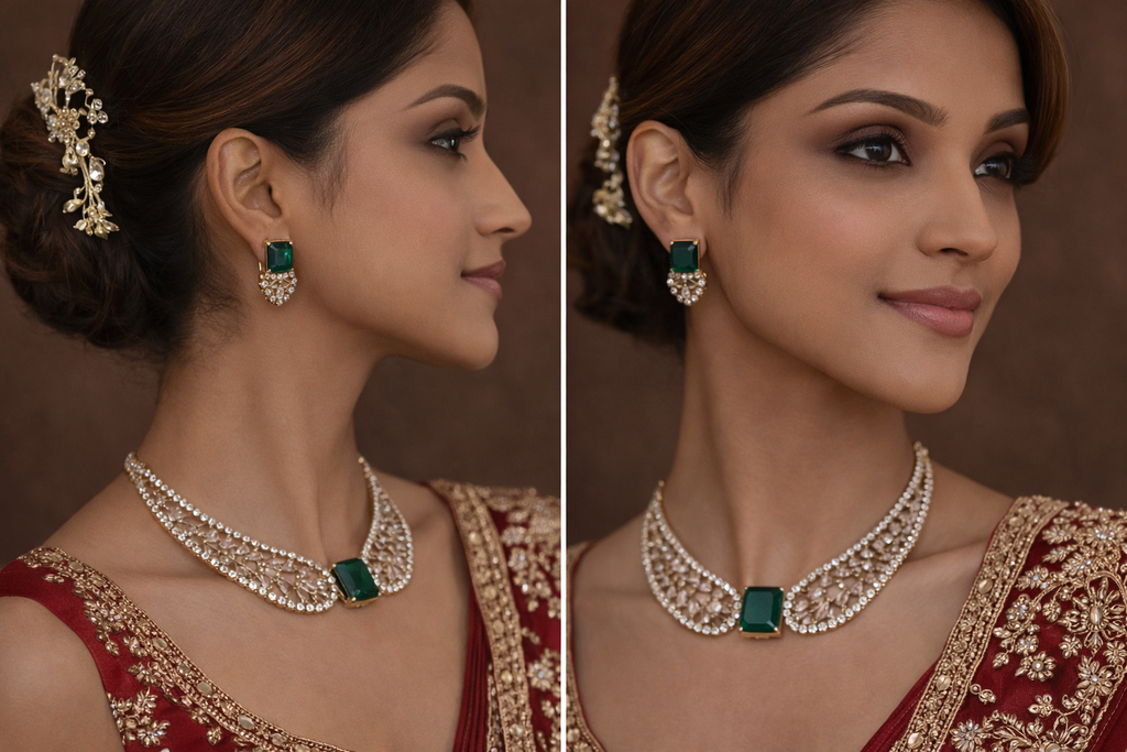 Gold Plated Kundan Cubic Zirconia Jewellery Set (Green)