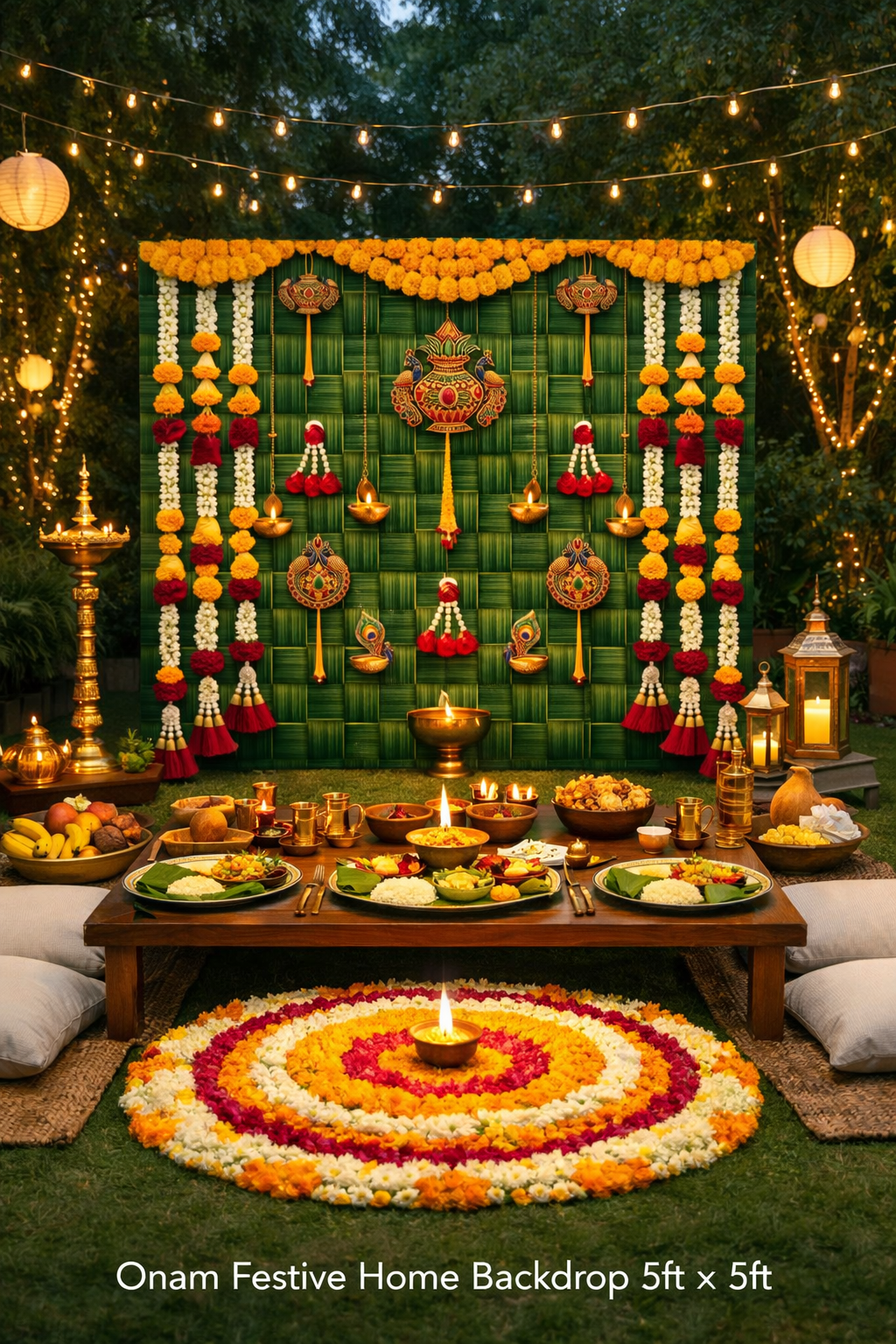An outdoor Onam home backdrop setup on a lawn at night, featuring a large green woven wall panel decorated with yellow marigold garlands, red and yellow hanging ornaments, brass lamps, a low wooden table with food, and a circular flower carpet in front. Text at the bottom reads 'Onam Festive Home Backdrop 5ft x 5ft'.