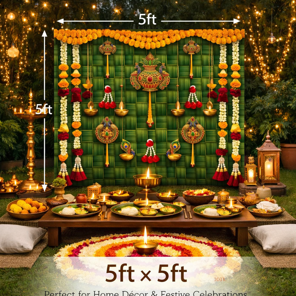 A festive 5ft x 5ft decorative backdrop setup for home decor and celebrations, featuring a green woven bamboo wall adorned with marigold garlands, hanging brass oil lamps, and red and white floral garlands, with a low table of food and lit candles in front.