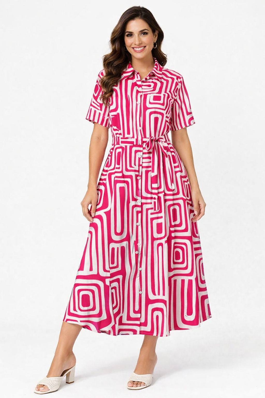 Women’s Geometric Printed Shirt Collar Midi Dress with Waist Belt – Pink & White