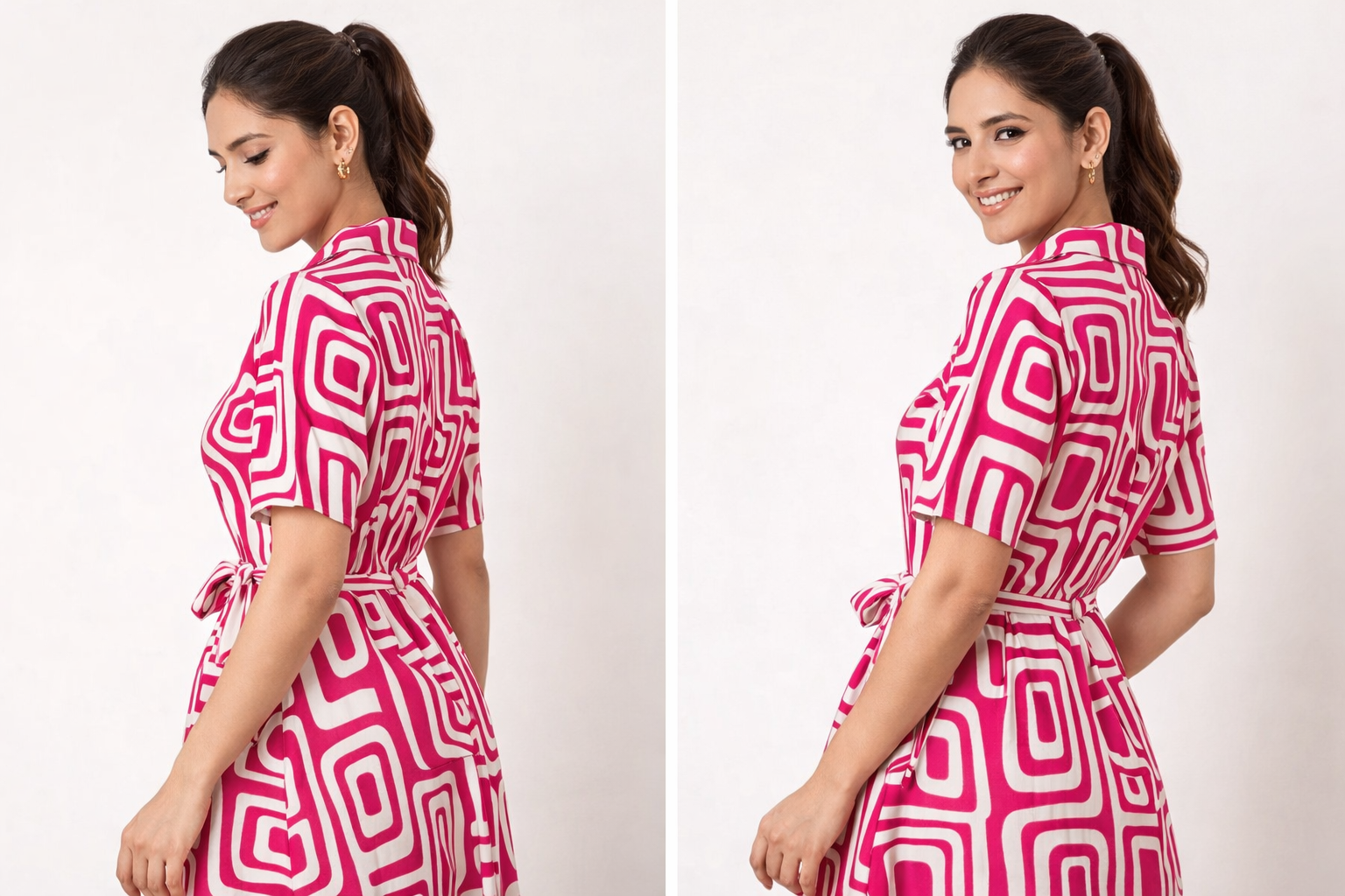 Women’s Geometric Printed Shirt Collar Midi Dress with Waist Belt – Pink & White
