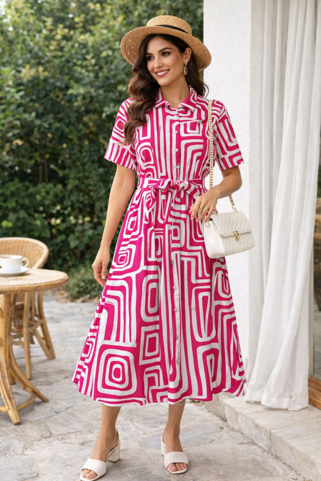 Women’s Geometric Printed Shirt Collar Midi Dress with Waist Belt – Pink & White