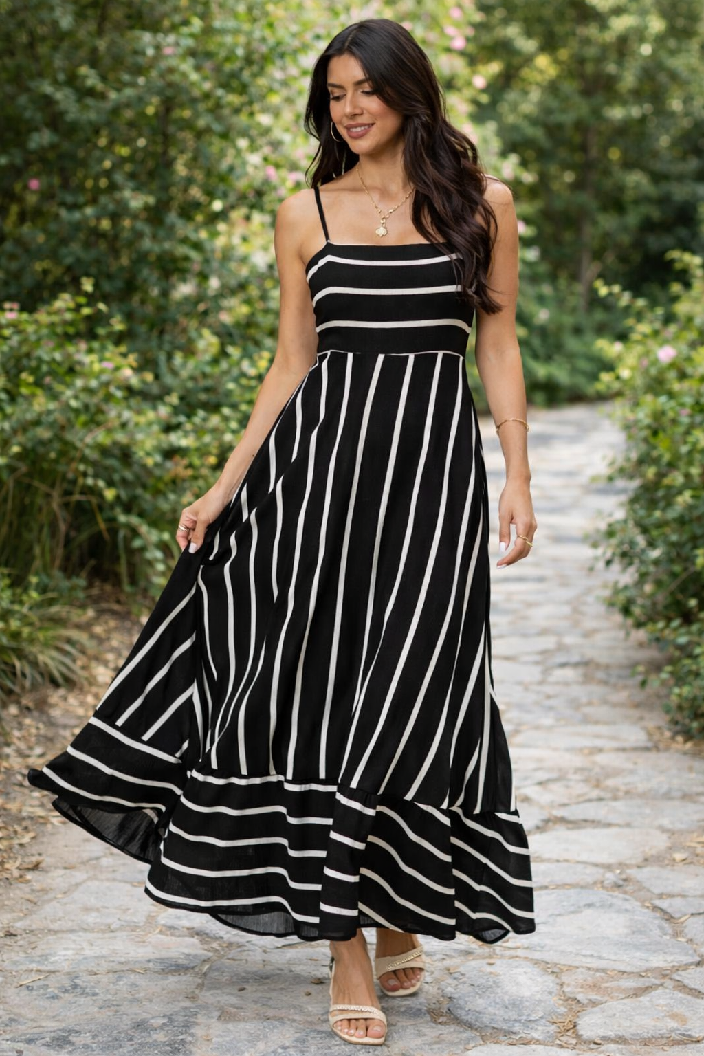 Women’s Black & White Striped Shoulder Strap Maxi Dress – Crepe, Sleeveless