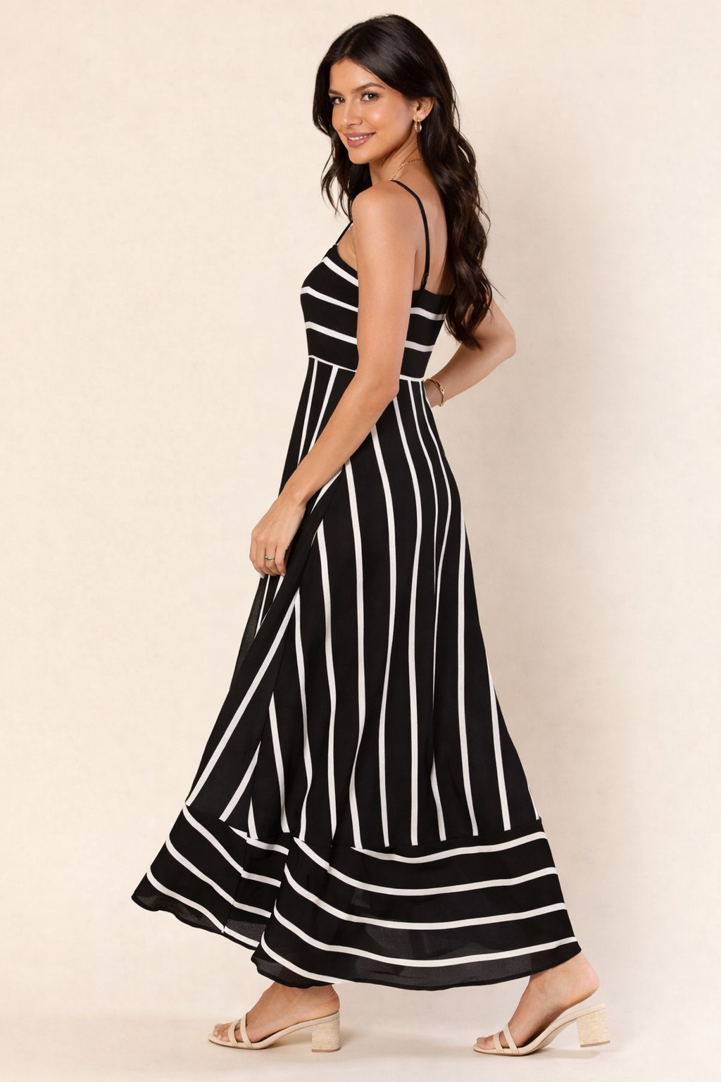 Women’s Black & White Striped Shoulder Strap Maxi Dress – Crepe, Sleeveless
