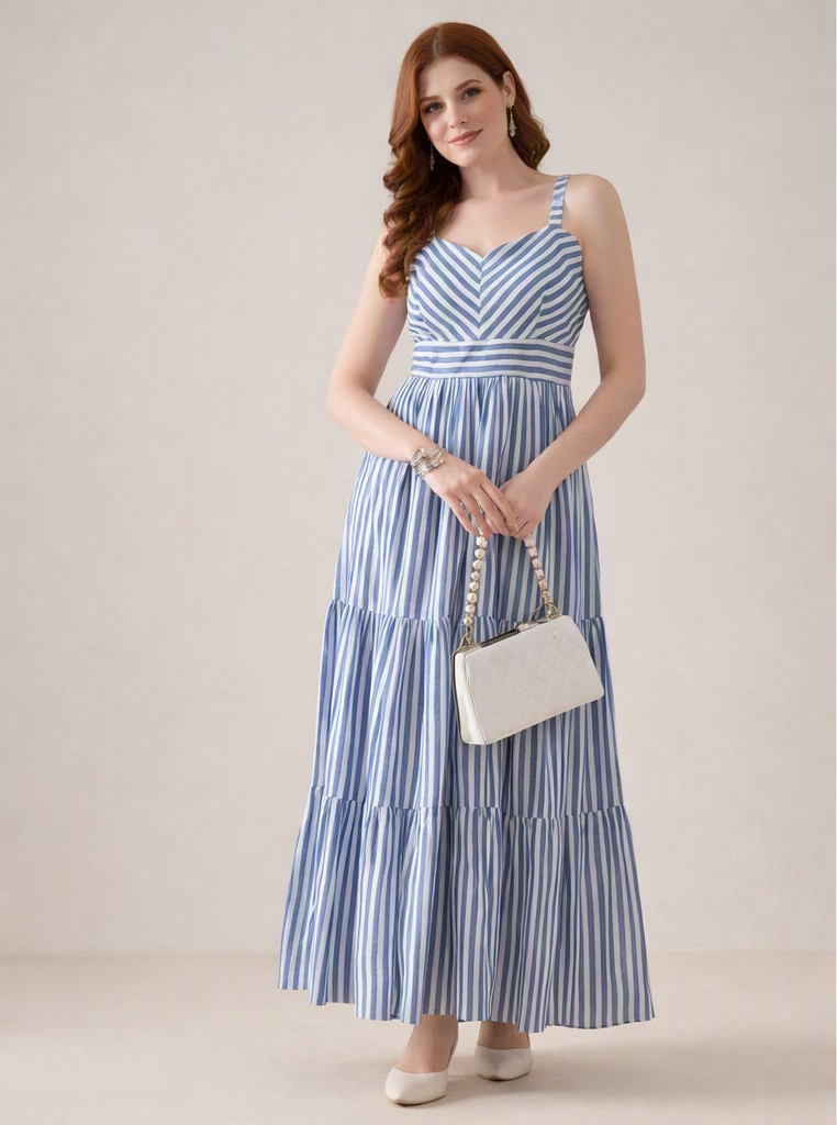 Women’s Blue & White Striped Cotton Maxi Dress – Sleeveless, Flared Hem