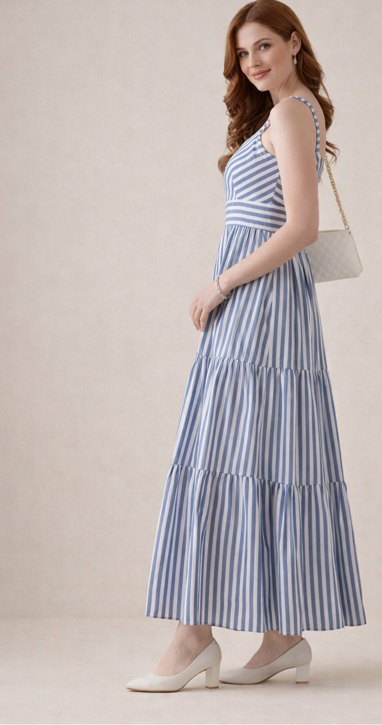 A woman modeling a sleeveless, tiered maxi dress with vertical blue and white stripes, paired with white heels and a small white shoulder bag, set against a plain beige studio background.
