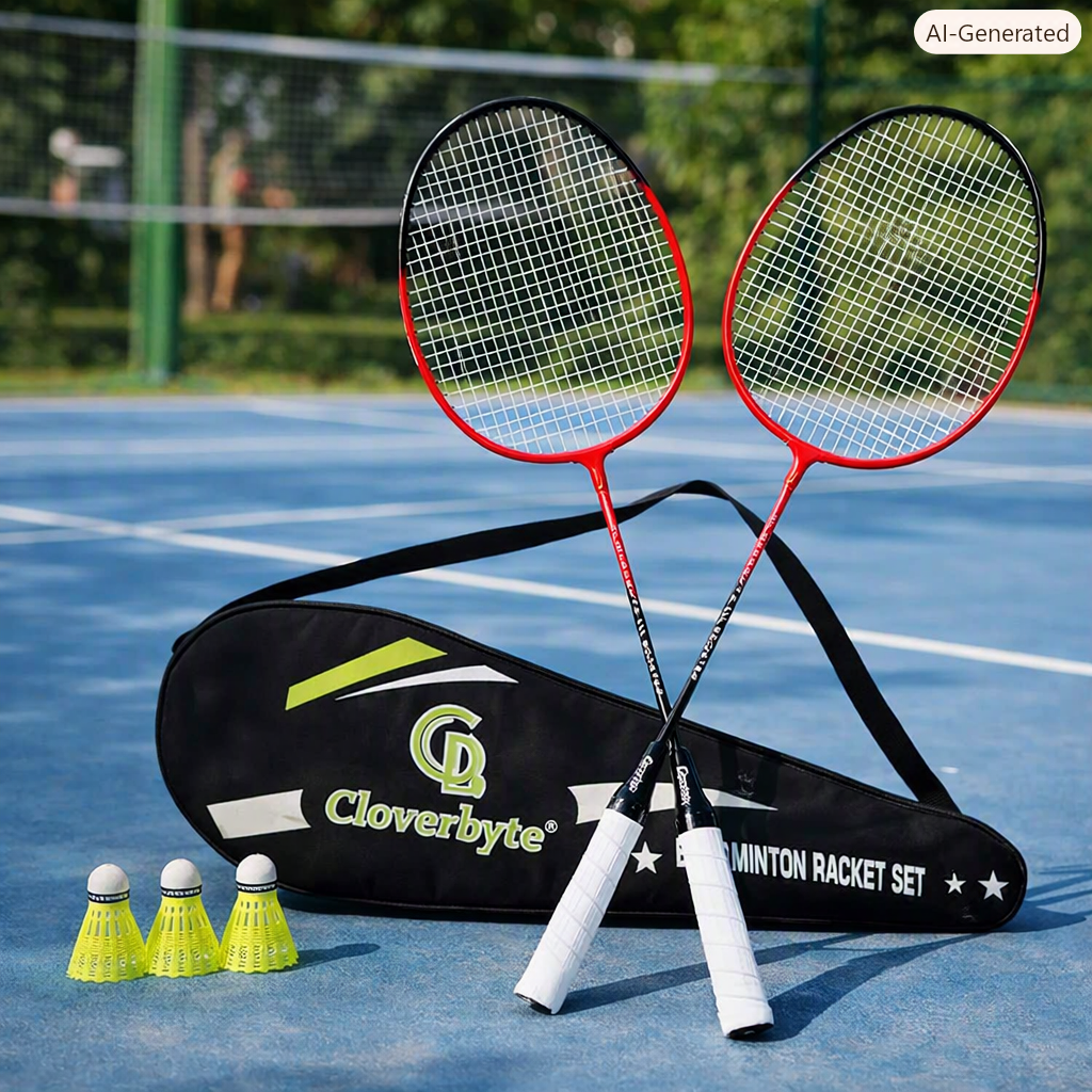 A badminton racket set displayed on a blue court, including two red-framed rackets with white grip covers, a black Cloverbyte racket bag, and four yellow shuttlecocks. The background shows a blurred green fence and trees.