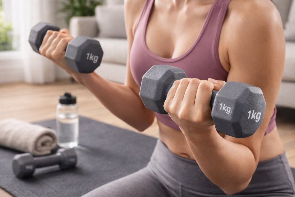 A woman in a pink sports bra and gray leggings lifts two 1kg dumbbells in a bright living room setting. A rolled towel, water bottle, and another dumbbell are on a dark mat in front of her.