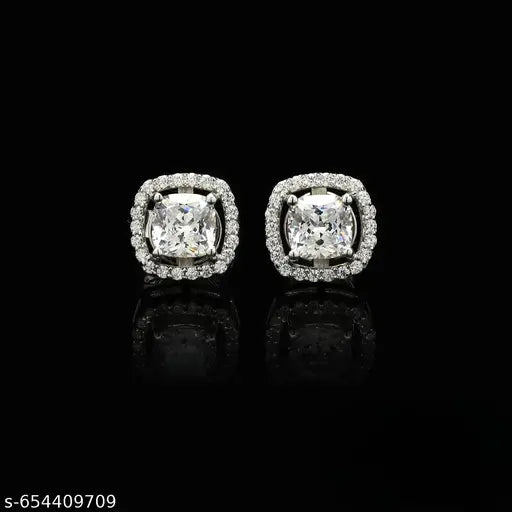 Luxury Cushion Cut CZ Halo Stud Earrings | Silver Plated