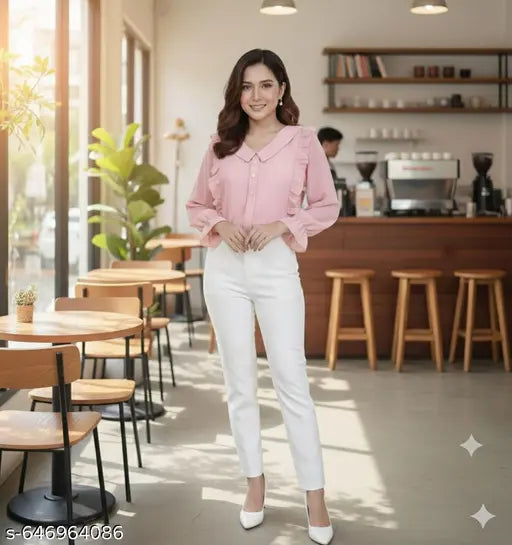 Women’s Korean Style V‑Neck Pink Georgette Top – Ruffled Sleeves