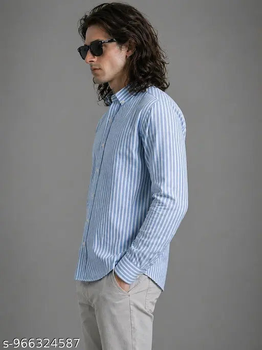 Fubar Men’s Slim Fit Striped Cotton Casual Shirt – Blue