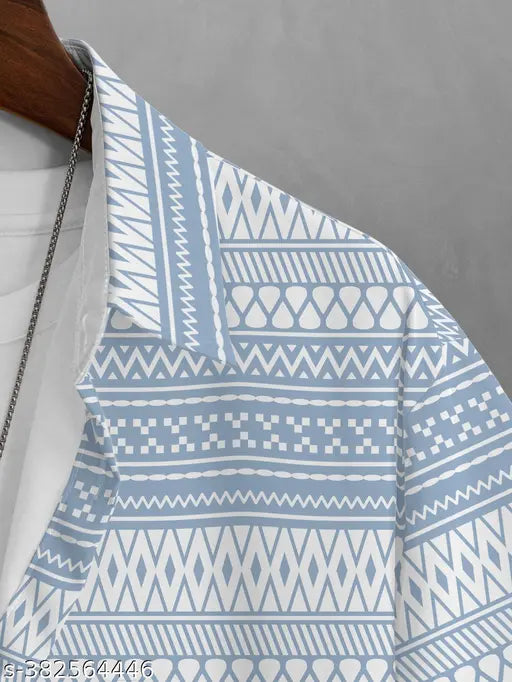 Men’s Regular Fit Horizontal Striped Cotton Blend Casual Shirt – Aqua Blue