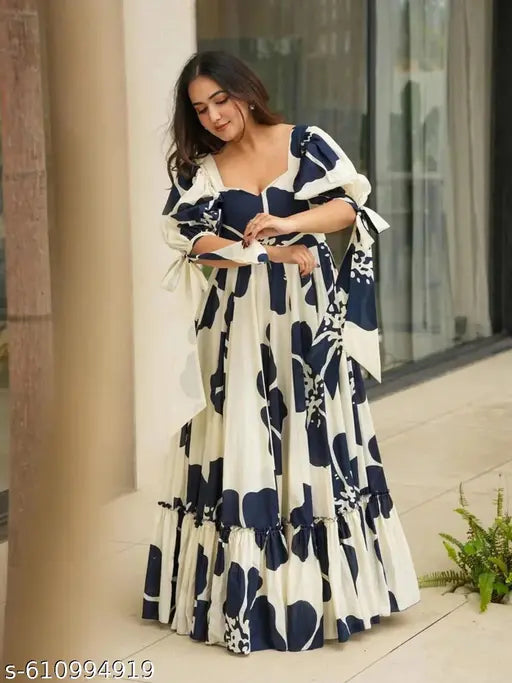 Women’s Floral Printed Puff Sleeve Maxi Dress – Blue & White, Crepe Inner