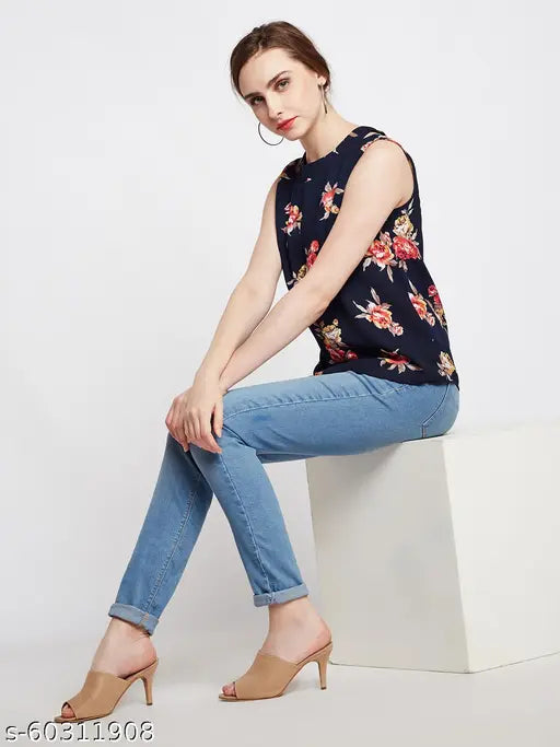 Women’s Floral Printed Sleeveless Polyester Top – Navy Blue