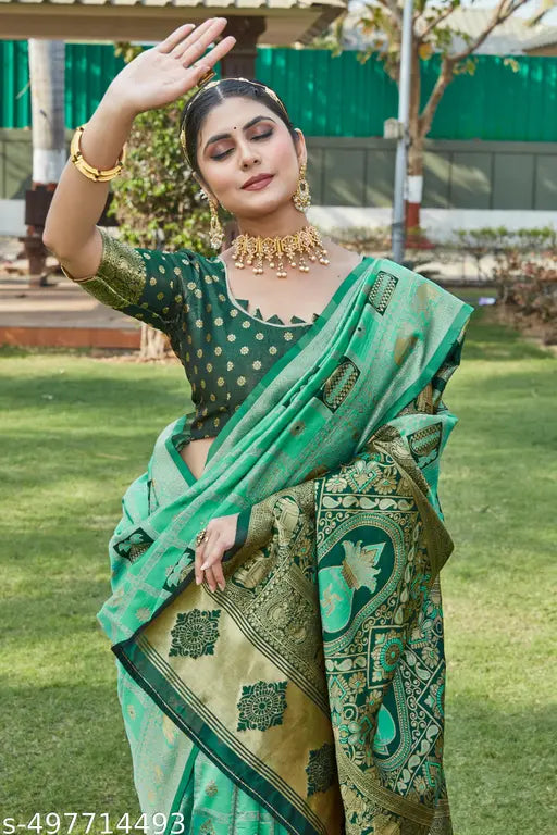Cotton Silk Jacquard Saree – French Green Banarasi Saree