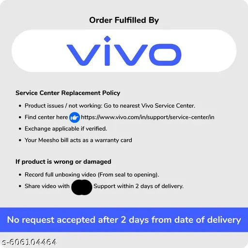 Vivo service center replacement policy information on a white background