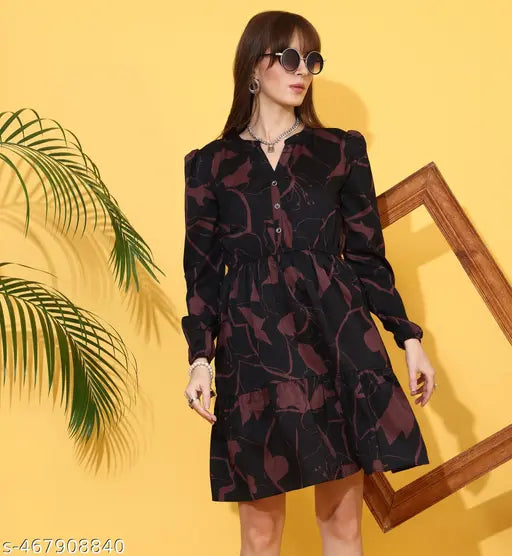 Women’s Floral Printed Fit & Flare Midi Dress with Mandarin Collar