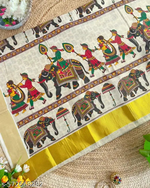Onam Special Kerala Golden Tissue Saree | Pallakku Mural Print Kasavu with Running Blouse