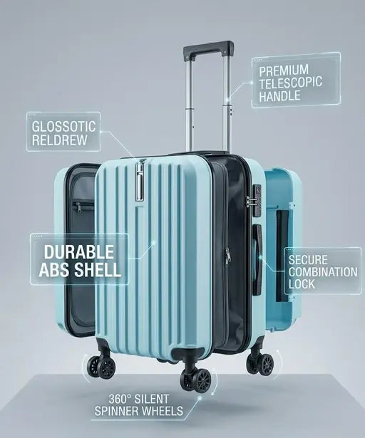Light blue suitcase with black accents on a gray background, featuring text labels on its components.