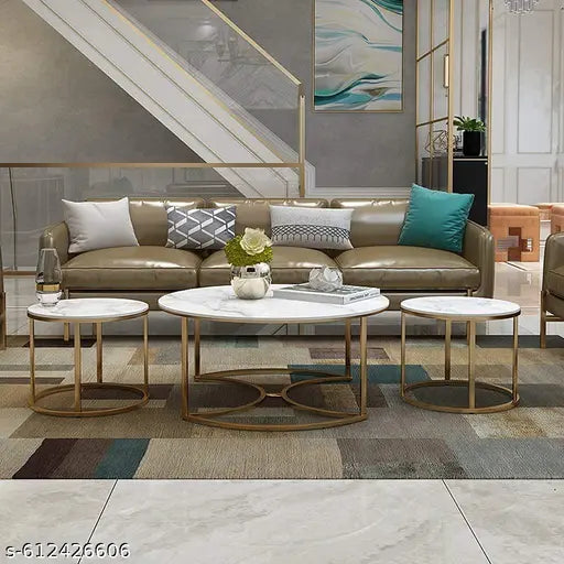 Round Nesting Coffee Table Set of 3 | Gold Metal Frame with Marble