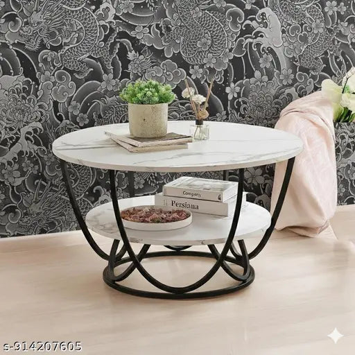Luxury Round Marble Coffee Table | Black Metal Base Modern Center Table