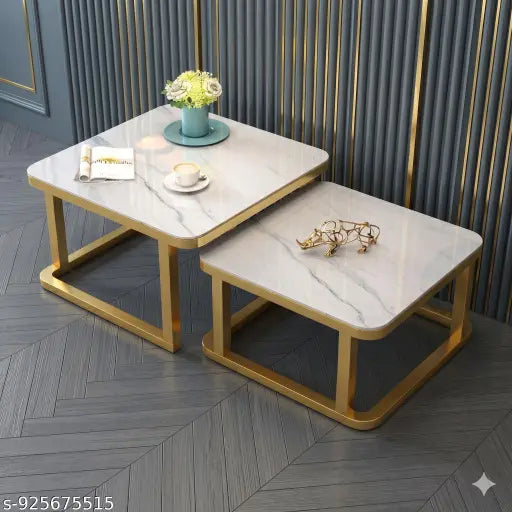Square Coffee Table with Marble Accent Top | Metal Frame Center Table