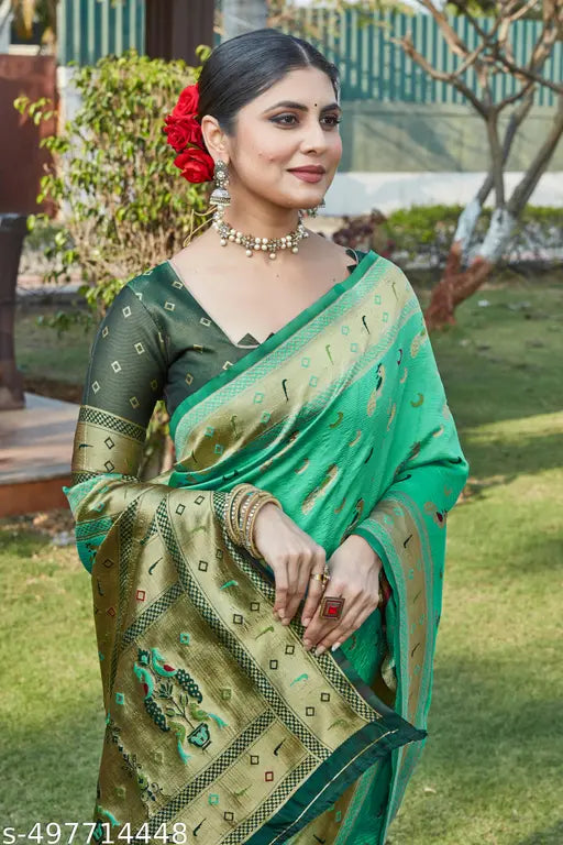 Peacock Print Seagreen Banarasi Cotton Silk Jacquard Artisanal Saree