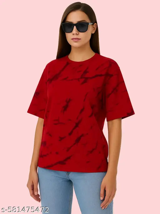 Women’s Oversized Printed Cotton Blend T‑Shirt – Red, Drop Shoulder