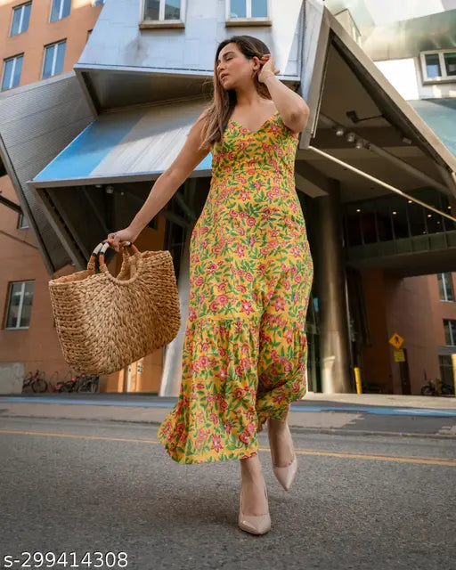 Women’s Printed Multicolor Dress – Sleeveless, Calf Length