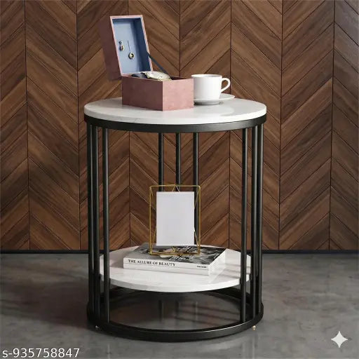 Black Frame Marble Look Nightstand for Living Room & Bedroom