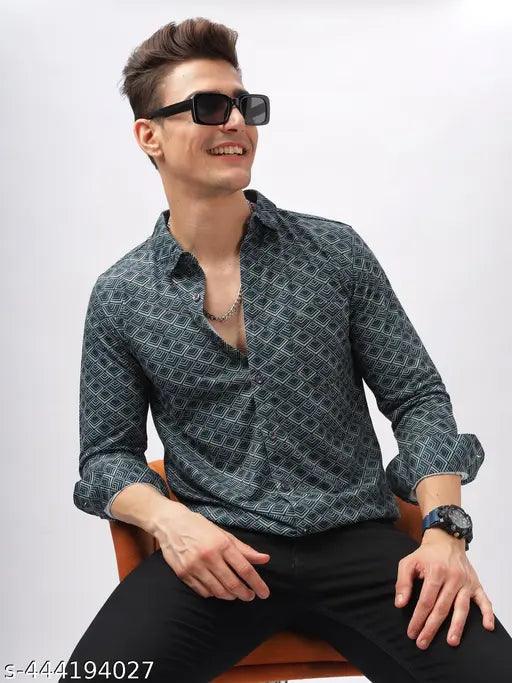 Men’s Regular Fit Ethnic Motif Printed Cotton Blend Shirt – Navy Blue