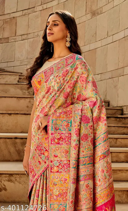 Cream Off‑White Pure Jamewar Kashmiri Modal Silk Saree