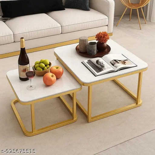 Square Coffee Table with Marble Accent Top | Metal Frame Center Table