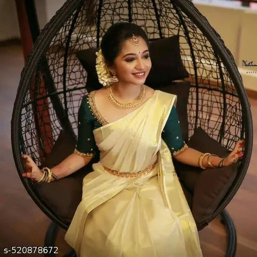 Kerala Kasavu Golden Tissue Saree | Cream Handloom with Zari Border & Blouse