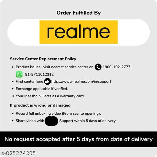 Realme service center replacement policy card with contact information and product issues instructions.