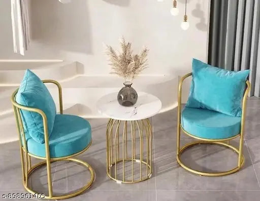 Blue Velvet Accent Chairs with Marble Top Coffee Table