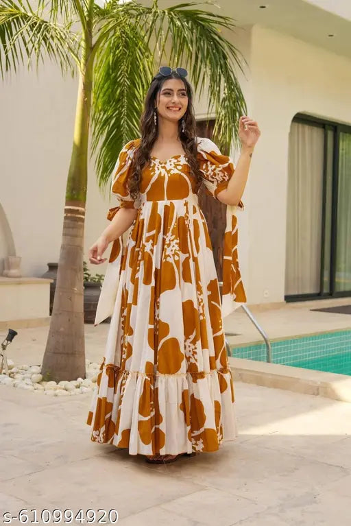 Women’s Floral Printed Puff Sleeve Maxi Dress –  Flared Fit