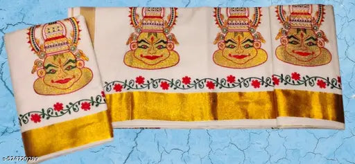 Onam Special Kerala Kasavu Saree | Full Embroidery Cotton Blend with Running Blouse