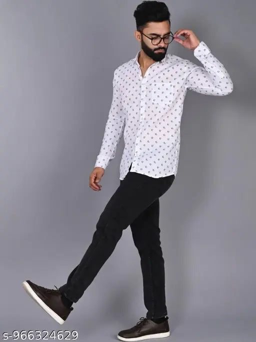 Men’s Slim Fit Printed Cotton Casual Shirt – White